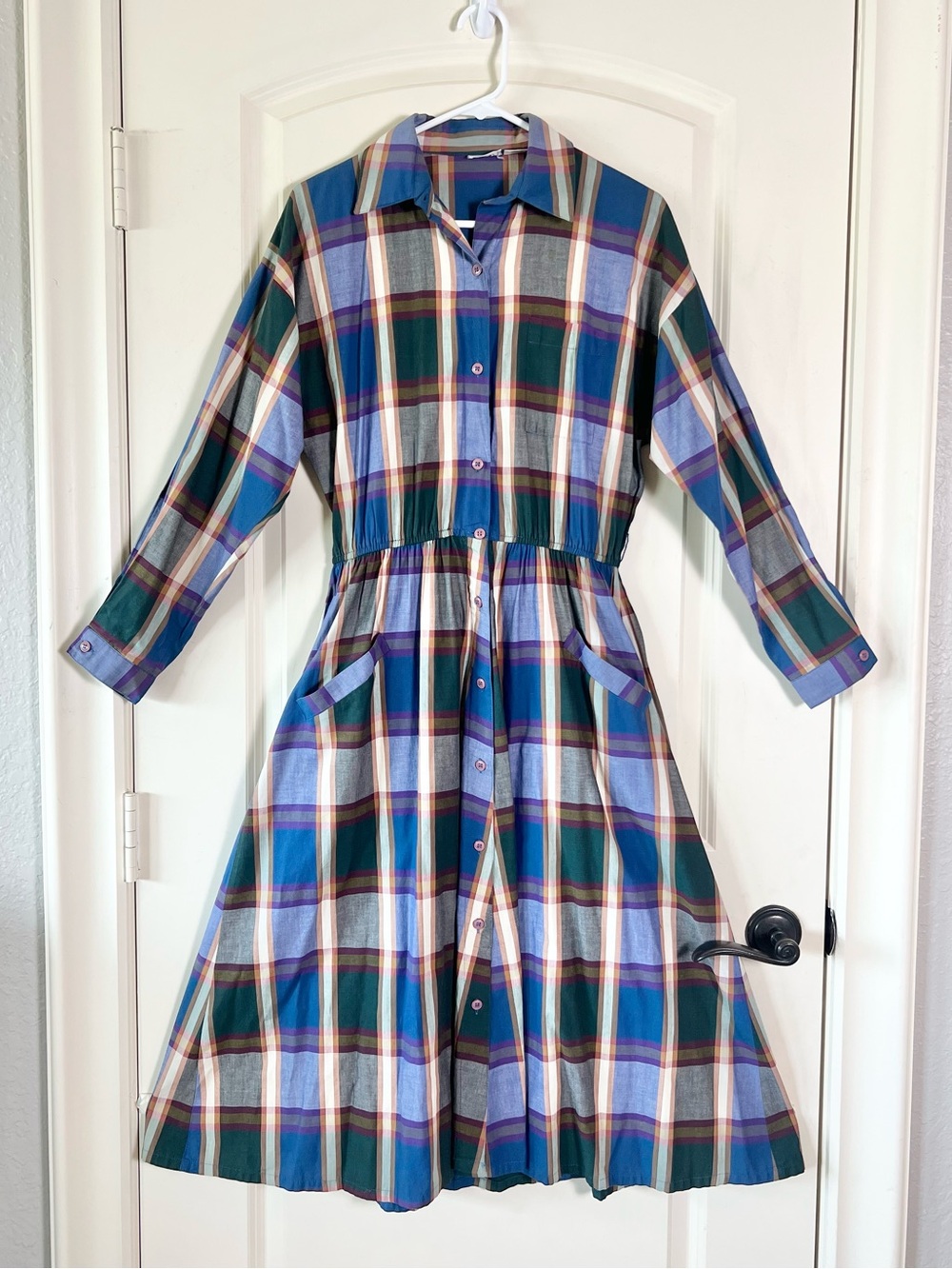 Rare Vintage CMI Blue Plaid 90s Cotton Dress Gingham Prairie Style Full Skirt